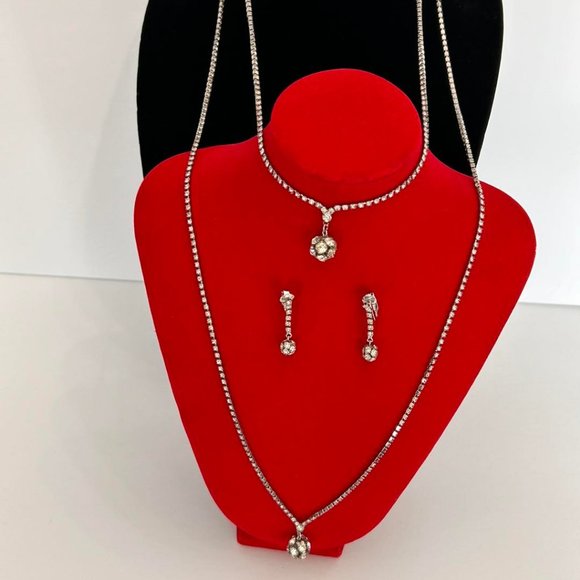 2pc. Silver tone/Long and Short Layered Rhinestone Necklace and Clip Earring set - Picture 1 of 10